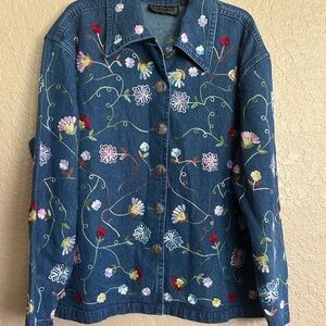 New Directions Blue Jean Jacket with Floral Embroidery